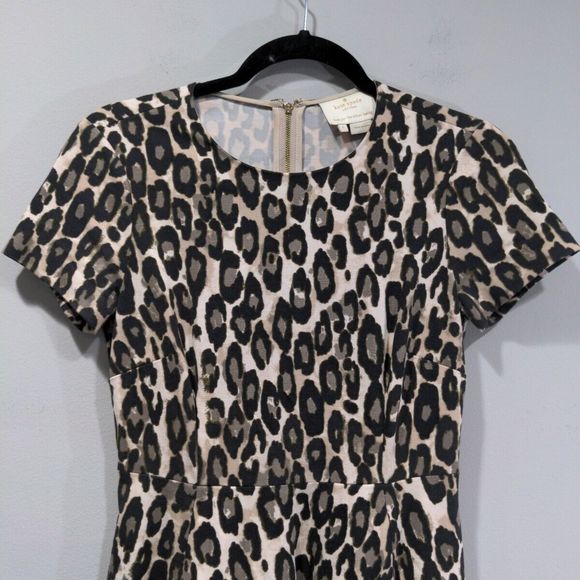 Kate Spade Womens Autumn Leopard Mini Dress Size 0 Brown Ponte Knit Fit Flare - Picture 2 of 13